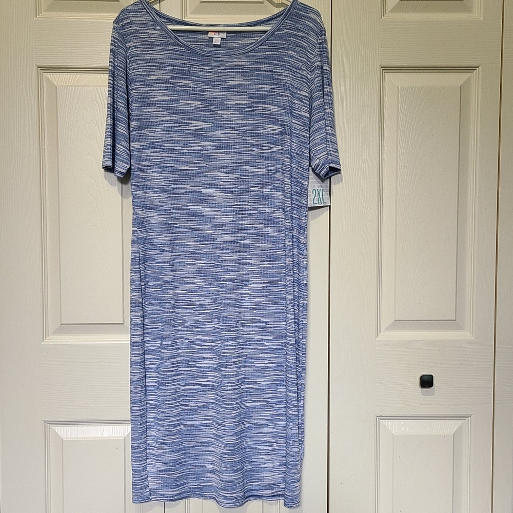 Blue & Cream Patterned Short Sleeve Knee Length Casual Knit Pencil Dress 2XL NWT - Picture 1 of 5